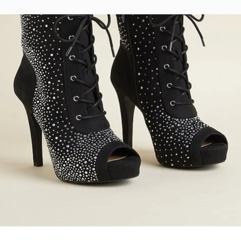 torrid Black Rhinestone Lace-Up Peep-Toe Stiletto Booties - Picture 1 of 6